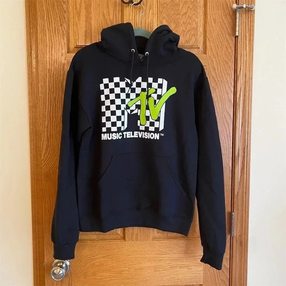 Men's MTV Classic Logo Checkered Hoodie Black/Green Size S Pullover Long Sleeve